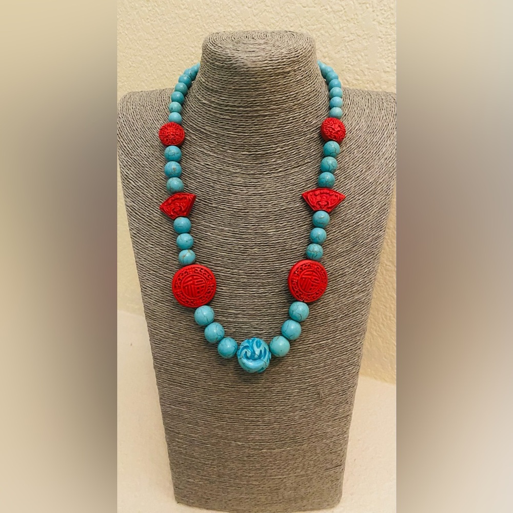 Vintag Red Cinnabar  and Blue Faux Turqouise Beaded Necklace